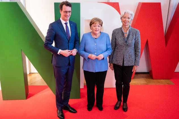 Award of the State Prize 2023 of the State of North Rhine Westphalia to the Chancellor a D Current, 16 05 2023, Cologne, Prime Minister of the State of North Rhine Westphalia Hendrik Wuest together with Chancellor a D Dr Angela Merkel and Christine Lagarde, Presiden