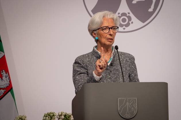 Award of the State Prize 2023 of the State of North Rhine Westphalia to the Chancellor a D Current, 16 05 2023, Cologne, Christine Lagarde, President of the European Central Bank on stage during her laudation at the ceremony for the award of the State Prize 2023 of the State of North Rhine Westphalia to the Chancellor a D in the Flora in Cologne Co