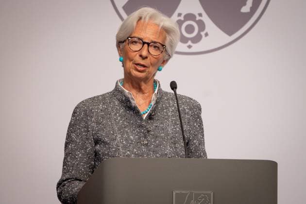 Award of the State Prize 2023 of the State of North Rhine Westphalia to the Chancellor a D Current, 16 05 2023, Cologne, Christine Lagarde, President of the European Central Bank on stage during her laudation at the ceremony for the award of the State Prize 2023 of the State of North Rhine Westphalia to the Chancellor a D in the Flora in Cologne Co