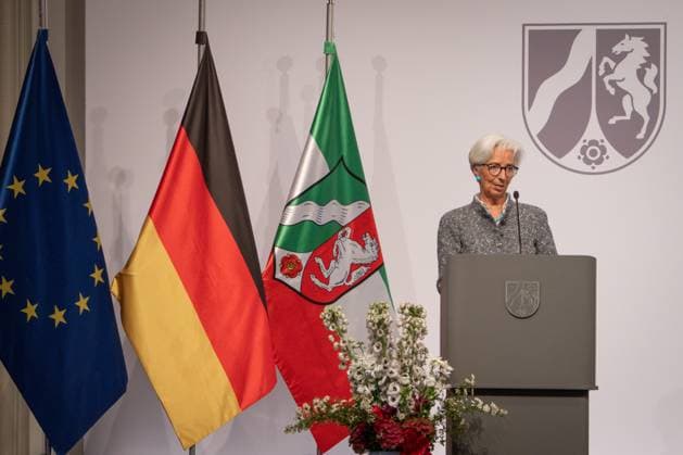Award of the State Prize 2023 of the State of North Rhine Westphalia to the Chancellor a D Current, 16 05 2023, Cologne, Christine Lagarde, President of the European Central Bank on stage during her laudation at the ceremony for the award of the State Prize 2023 of the State of North Rhine Westphalia to the Chancellor a D in the Flora in Cologne Co