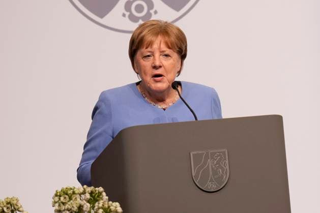 Award of the State Prize NRW to Angela Merkel Chancellor a D Dr Angela Merkel during her acceptance speech on stage after the award of the State Prize 2023 of the State of North Rhine Westphalia in the Flora in Cologne, 16 05 2023, Cologne, Cologne North Rhine Westphalia