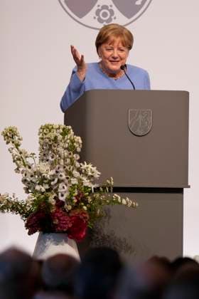 Award of the State Prize NRW to Angela Merkel Chancellor a D Dr Angela Merkel during her acceptance speech on stage after the award of the State Prize 2023 of the State of North Rhine Westphalia in the Flora in Cologne, 16 05 2023, Cologne, Cologne North Rhine Westphalia