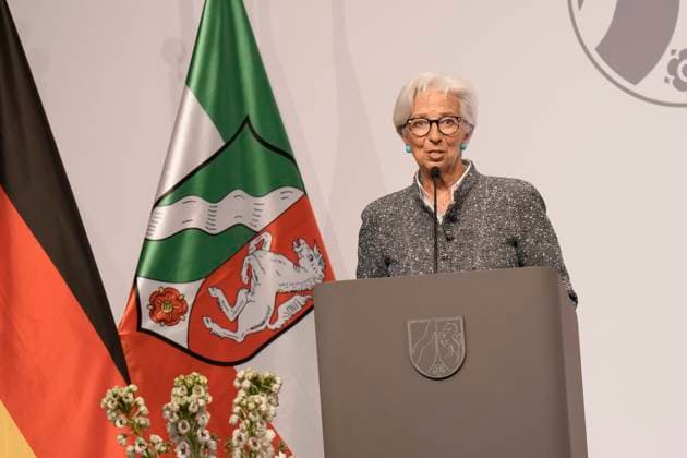Award NRW State Prize to Angela Merkel Christine Lagarde, President of the European Central Bank during her laudation and speech on stage at the award ceremony of the State Prize 2023 of the State of North Rhine Westphalia in the Flora in Cologne , 16 05 2023, Cologne, Cologne North Rhine Westphalia