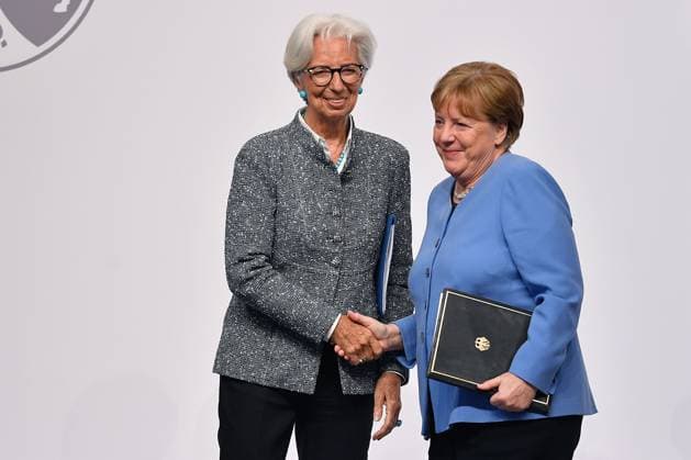 Award of the State Prize of the State of NRW to Chancellor a D Dr Angela Merkel on 16 05 2023 in the Flora in Cologne Christine Lagarde President of the European Central Bank Chancellor a D Dr Angela Merkel xRx