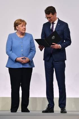 Award of the State Prize of the State of NRW to Federal Chancellor a D Dr Angela Merkel on 16 05 2023 in the Flora in Cologne Federal Chancellor a D Dr Angela Merkel Hendrik Wüst Minister President NRW xRx