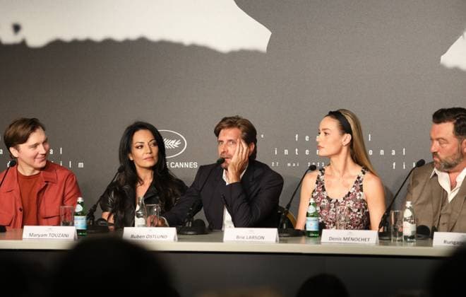76eme Festival International du Film de Cannes. Conference de presse avec le jury 76th International Cannes Film Festival. Press conference with jury members 291920 2023-05-16 Dano, Paul; Ostlund, Ruben; Touzani, Maryam; Larson, Brie  Copyright: xIvankaxVoisinx xStarfacex STAR_291920_010