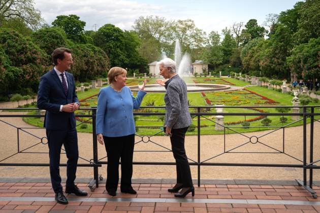 Award of the State Prize 2023 of the State of North Rhine-Westphalia to the Chancellor a D Current, 16 05 2023, Cologne, Prime Minister of the State of North Rhine-Westphalia Hendrik Wuest together with Chancellor a D Dr Angela Merkel and Christine Lagarde, President of the European Central Bank on the te