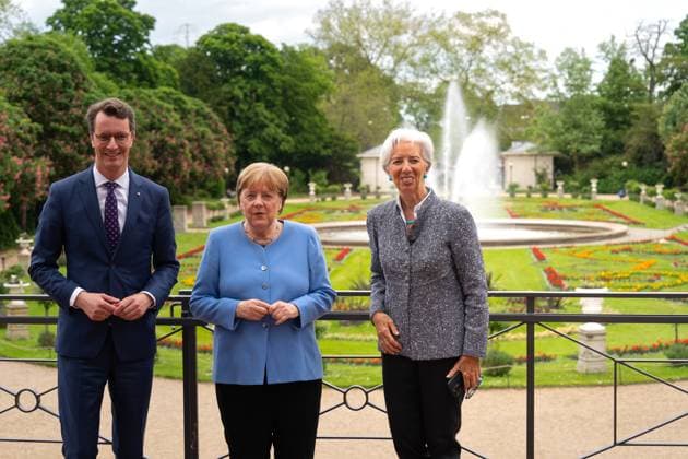Award of the State Prize 2023 of the State of North Rhine-Westphalia to the Chancellor a D Current, 16 05 2023, Cologne, Prime Minister of the State of North Rhine-Westphalia Hendrik Wuest together with Chancellor a D Dr Angela Merkel and Christine Lagarde, President of the European Central Bank on the te