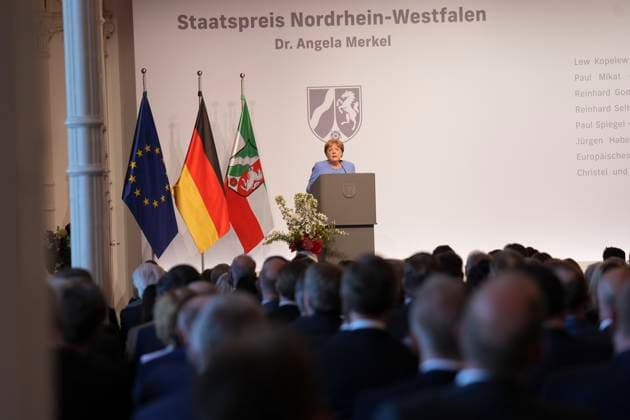 Award of the State Prize of North Rhine-Westphalia to Angela Merkel Chancellor a D Dr Angela Merkel on stage with her acceptance speech at the award ceremony of the State Prize 2023 of the State of North Rhine-Westphalia in the Flora in Cologne, 16 05 2023, Cologne,