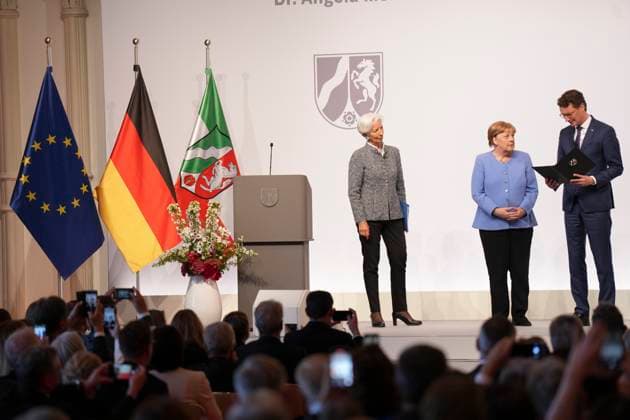 Award State Prize of North Rhine-Westphalia to Angela Merkel Minister President of the State of North Rhine-Westphalia Hendrik Wuest awards Angela Merkel Chancellor a D the S State Prize 2023 of the State of North Rhine-Westphalia in the Flora in Cologne ,16 05 2023, Cologne,