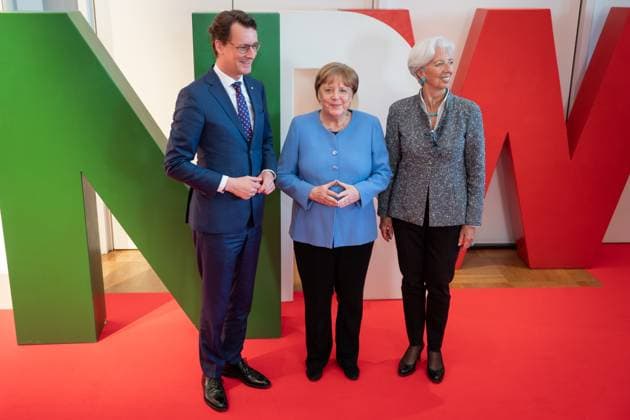 Award of the State Prize 2023 of the State of North Rhine Westphalia to the Chancellor a D Current, 16 05 2023, Cologne, Prime Minister of the State of North Rhine Westphalia Hendrik Wuest together with the laureate Chancellor a D Dr Angela Merkel