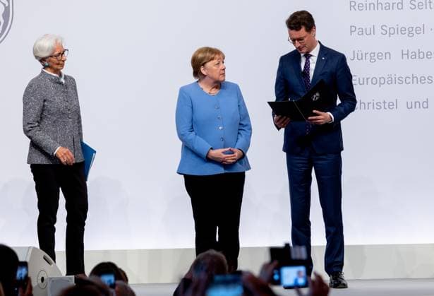 Award State Prize to Angela Merkel Chancellor a D Angela Merkel is honored on Tuesday 16 05 2023 with the State Prize NRW Presented by Christine Lagarde and Prime Minister Hendrik Wüst Cologne North Rhine Westphalia Germany