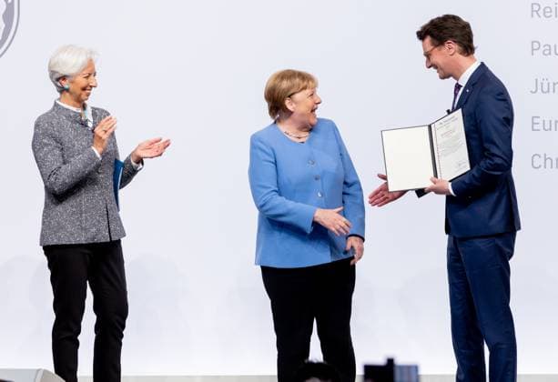 Award State Prize to Angela Merkel Chancellor a D Angela Merkel is honored on Tuesday 16 05 2023 with the State Prize NRW Presented by Christine Lagarde and Prime Minister Hendrik Wüst Cologne North Rhine Westphalia Germany