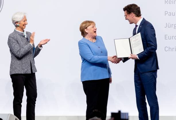 Award State Prize to Angela Merkel Chancellor a D Angela Merkel is honored on Tuesday 16 05 2023 with the State Prize NRW Presented by Christine Lagarde and Prime Minister Hendrik Wüst Cologne North Rhine Westphalia Germany