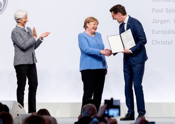 Award State Prize to Angela Merkel Chancellor a D Angela Merkel is honored on Tuesday 16 05 2023 with the State Prize NRW Presented by Christine Lagarde and Prime Minister Hendrik Wüst Cologne North Rhine Westphalia Germany