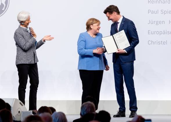 Award State Prize to Angela Merkel Chancellor a D Angela Merkel is honored on Tuesday 16 05 2023 with the State Prize NRW Presented by Christine Lagarde and Prime Minister Hendrik Wüst Cologne North Rhine Westphalia Germany