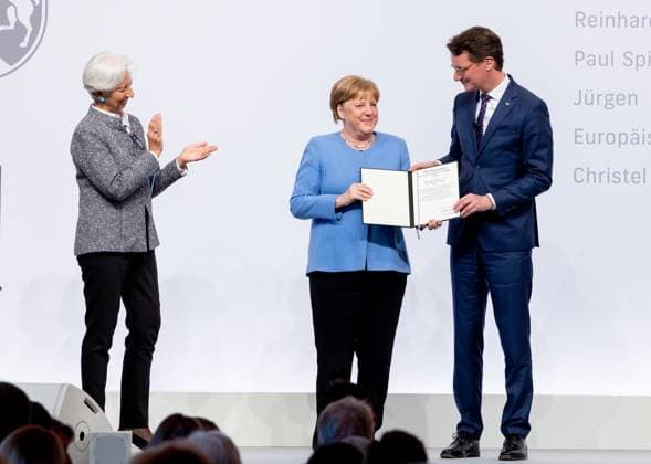 Award State Prize to Angela Merkel Chancellor a D Angela Merkel is honored on Tuesday 16 05 2023 with the State Prize NRW Presented by Christine Lagarde and Prime Minister Hendrik Wüst Cologne North Rhine Westphalia Germany
