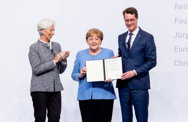 Award State Prize to Angela Merkel Chancellor a D Angela Merkel is honored on Tuesday 16 05 2023 with the State Prize NRW Presented by Christine Lagarde and Prime Minister Hendrik Wüst Cologne North Rhine Westphalia Germany