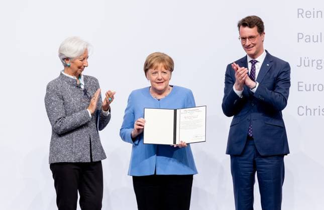 Award State Prize to Angela Merkel Chancellor a D Angela Merkel is honored on Tuesday 16 05 2023 with the State Prize NRW Presented by Christine Lagarde and Prime Minister Hendrik Wüst Cologne North Rhine Westphalia Germany
