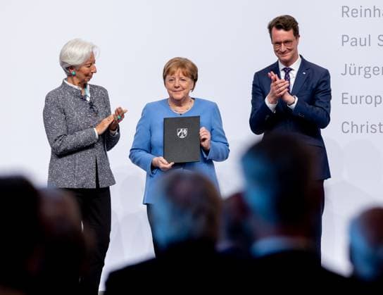 Award State Prize to Angela Merkel Chancellor a D Angela Merkel is honored on Tuesday 16 05 2023 with the State Prize NRW Presented by Christine Lagarde and Prime Minister Hendrik Wüst Cologne North Rhine Westphalia Germany