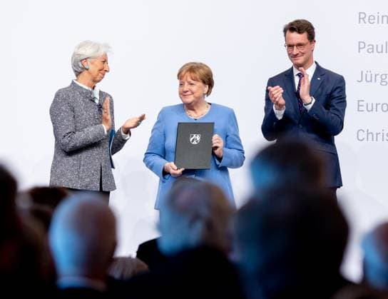 Award State Prize to Angela Merkel Chancellor a D Angela Merkel is honored on Tuesday 16 05 2023 with the State Prize NRW Presented by Christine Lagarde and Prime Minister Hendrik Wüst Cologne North Rhine Westphalia Germany