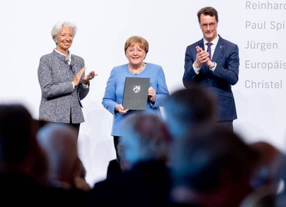 Award State Prize to Angela Merkel Chancellor a D Angela Merkel is honored on Tuesday 16 05 2023 with the State Prize NRW Presented by Christine Lagarde and Prime Minister Hendrik Wüst Cologne North Rhine Westphalia Germany
