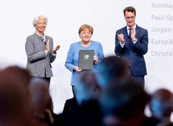 Award State Prize to Angela Merkel Chancellor a D Angela Merkel is honored on Tuesday 16 05 2023 with the State Prize NRW Presented by Christine Lagarde and Prime Minister Hendrik Wüst Cologne North Rhine Westphalia Germany