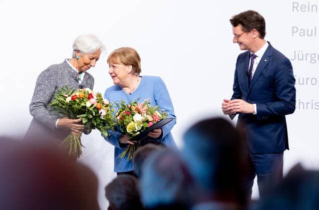 Award State Prize to Angela Merkel Chancellor a D Angela Merkel is honored on Tuesday 16 05 2023 with the State Prize NRW Presented by Christine Lagarde and Prime Minister Hendrik Wüst Cologne North Rhine Westphalia Germany