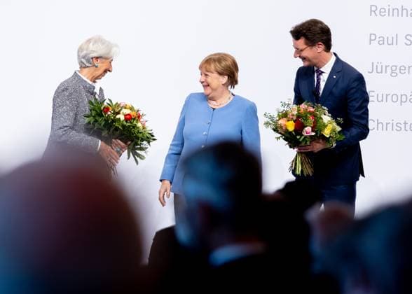 Award State Prize to Angela Merkel Chancellor a D Angela Merkel is honored on Tuesday 16 05 2023 with the State Prize NRW Presented by Christine Lagarde and Prime Minister Hendrik Wüst Cologne North Rhine Westphalia Germany