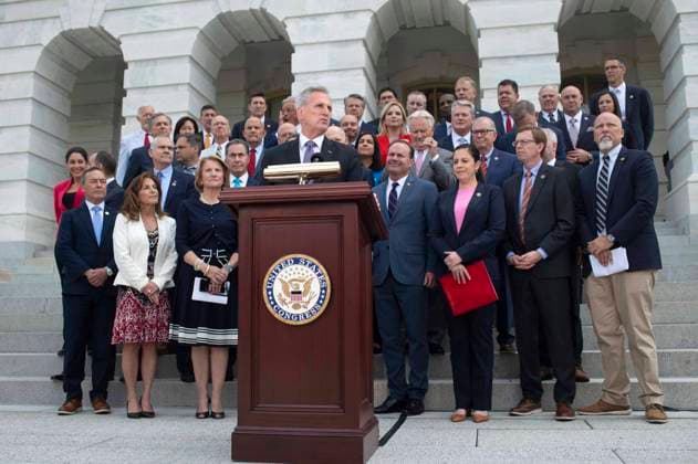 Speaker of the House Kevin McCarthy, R-CA, speaks during a press conference with other Congressional Republicans during a bicameral press conference on the debt ceiling on the Upper West Terrace of the U.S. Capitol in Washington, DC on Wednesday, May 17, 2023.  WAP20230517331 BONNIExCASH