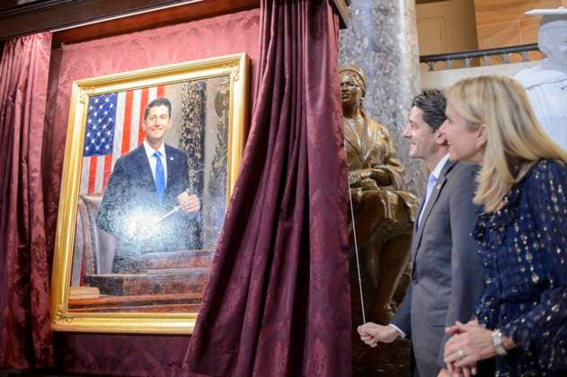 Former Speaker Paul Ryan, R-WI, and his wife, Janna, unveil his portrait during an unveiling ceremony in Statuary Hall at the U.S. Capitol in Washington, DC on Wednesday, May 17, 2023.  WAP20230517370 BONNIExCASH