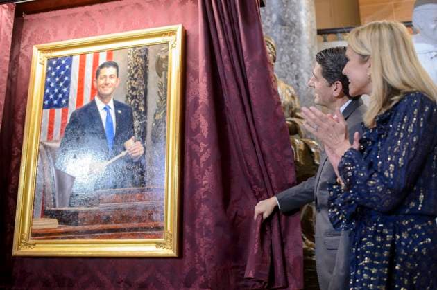 Former Speaker Paul Ryan, R-WI, and his wife, Janna, unveil his portrait during an unveiling ceremony in Statuary Hall at the U.S. Capitol in Washington, DC on Wednesday, May 17, 2023.  WAP20230517371 BONNIExCASH