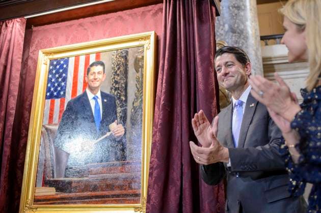 Former Speaker Paul Ryan, R-WI, and his wife, Janna, unveil his portrait during an unveiling ceremony in Statuary Hall at the U.S. Capitol in Washington, DC on Wednesday, May 17, 2023.  WAP20230517372 BONNIExCASH
