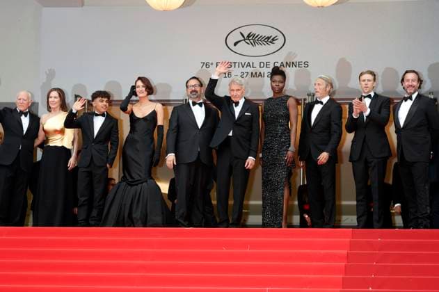 Frank Marshall, Kathleen Kennedy, Ethann Isidore, Phoebe Waller Bridge, James Mangold, Harrison Ford, Shaunette Renee Wilson, Boyd Holbrook, Mads Mikkelson and Simon Emanual at the premiere of the motion picture Indiana Jones and the Dial of Destiny Indiana Jones and the Wheel of Destiny at the Festival de Cannes 2023 76 Cannes Inter Foto:xD.xBedrosianx xFuturexImage