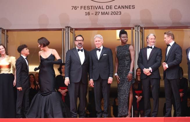May 18, 2023, Cannes, FRANCE: Phoebe Waller-Bridge, Director James Mangold, Harrison Ford, Shaunette Reno e Wilson, Mads Mikkelsen, Boyd Holbrook and Producer Simon Emanuel attend the Indiana Jones And The Dial Of Destiny red carpet during the 76th annual Cannes film festival at Palais des Festivals on May 18, 2023 in Cannes, France. Cannes FRANCE - ZUMAs181 20230518_zea_s181_118 Copyright: xDGPx