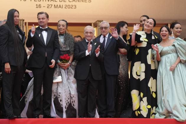 William Belleau - Leonardo DiCaprio - Tantoo Cardinal - Martin Scorsese - Robert De Niro - Cara Jade Myers - Lily Gladstone - Tatanka Means - Jillian Dion CELEBRITES : 76 eme festival de Cannes - Red Carpet du film Â« Killers Of The Flower Moon Â» - Cannes - 20 05 2023 NorbertScanella Panoramic 