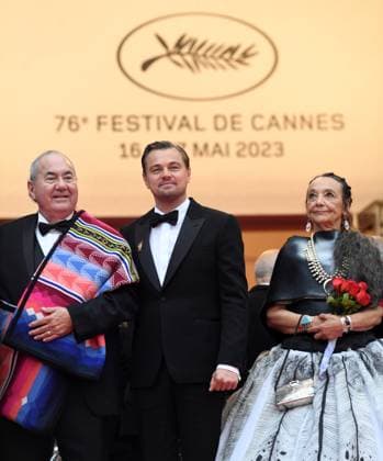 American actor Leonardo DiCaprio and Canadian actress Tantoo Cardinal attend the premiere of Killers Of The Flower Moon at the 76th Cannes Film Festival at Palais des Festivals in Cannes, France on Saturday, May 20, 2023.  CAN20230520139 RUNExHELLESTAD
