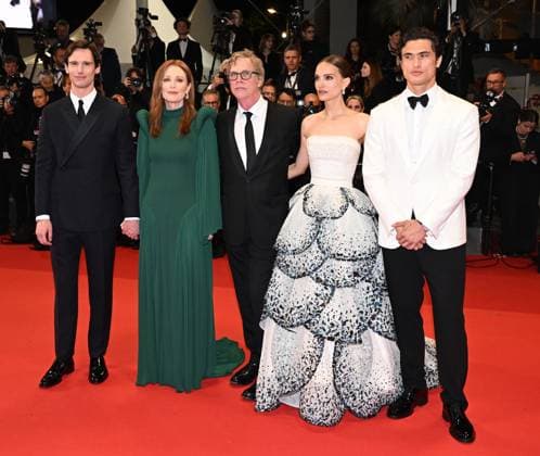 American actresses Natalie Portman, Julianne Moore, actors Cory Michael Smith, Charles Melton and director Todd Haynes attend the premiere of May December at the 76th Cannes Film Festival at Palais des Festivals in Cannes, France on Saturday, May 20, 2023.  CAN20230520162 RUNExHELLESTAD