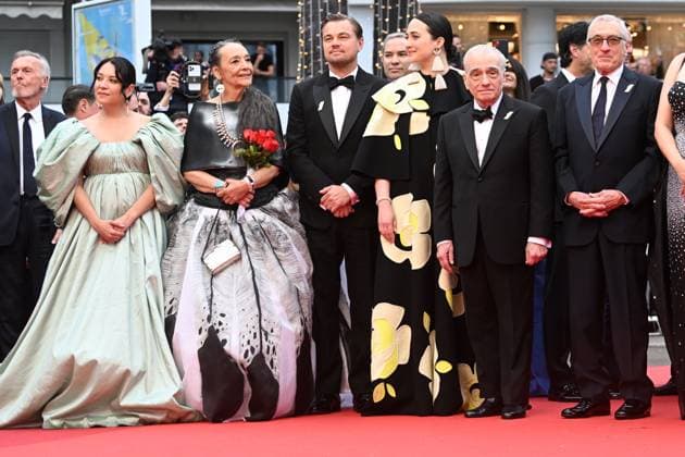 Jillian Dion, Tantoo Cardinal, Leonardo DiCaprio, Lily Gladstone, Martin Scorsese and Robert De Niro attend the screening of Killers Of The Flower Moon during the 76th Cannes Film Festival at Palais des Festivals in Cannes, France. MAY 20th 2023  RHDx23147