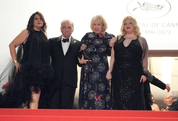 The Killers of the Flower Moon Red Carpet Premiere at the 76th Edition of the Cannes Film Festival Martin Scorsese, Helen Morris, and daughter Francesa Scorsese exit the Palais des Festivals alongside Robert De Niro, after his movie Killers of the Flower Moon received over nine minutes of standing ovation during the 76th edition of the Cannes Film Festival on May 20 2023, in Cannes, France Cannes Palace of Festivals and Congresses of Cannes Cannes France Copyright: xAlexandraxFechetex _ADR8739