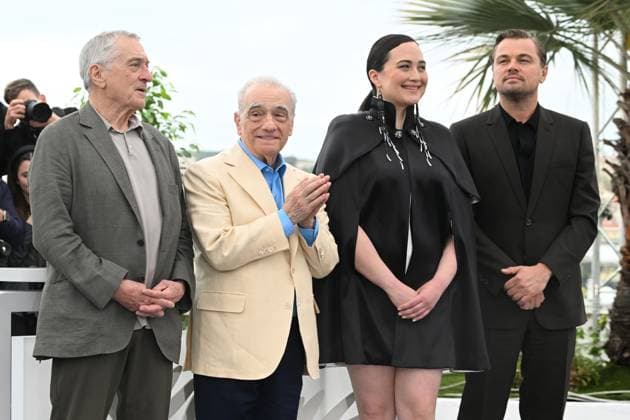 Robert de Niro, Martin Scorsese, Lily Gladstone and Leonardo DiCaprio attend the Killers Of The Flower Moon photocall during the 76th Cannes Film Festival at Palais des Festivals in Cannes, France. MAY 21st 2023  RHDx23156