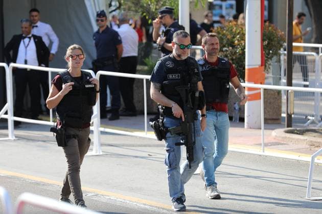 May 22, 2023, Cannes, Cote d Azur, France: Anti-crime police brigade patrols ahead of the red carpet arrivals for the screening of Club Zero during the 76th Annual Cannes Film Festival at Palais des Festivals on May 22, 2023 in Cannes, France Cannes France - ZUMAc179 20230522_zep_c179_147 Copyright: xMickaelxChavetx