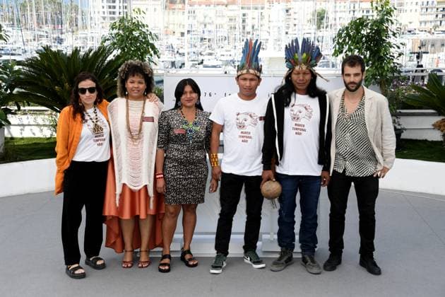 76th Cannes Film Festival 2023, Photocall film Crowra (The Buriti Flower) . Pictured: Debora Sodre, Luzia Cruwawyj Kraho, Henrique Ihjac Kraho, Francisco Hyjno Kraho and Joao Salaviza  Copyright: xAlbertoxTerenghi PoolxPhotoxEvenx xPoolxPhotoxEventsx01x IPA_IPA38152339