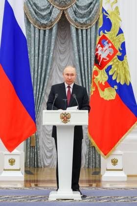 RUSSIA, MOSCOW - MAY 23, 2023: Russia s President Vladimir Putin speaks during ceremony to present state decorations at the Moscow Kremlin. Vyacheslav Prokofyev TASS  59317207