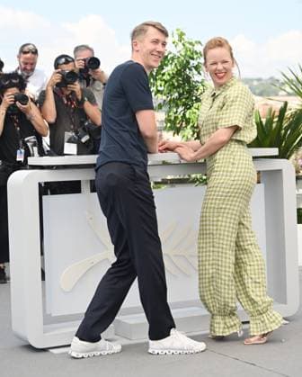Finnish actress Alma Poysti and actor Jussi Vatanen attend a photo call for Fallen Leaves at the 76th Cannes Film Festival at Palais des Festivals in Cannes, France on Tuesday, May 23, 2023.  CAN20230523123 RUNExHELLESTAD