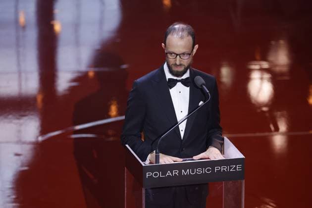 STOCKHOLM 20230523 Michael Pärt, son of this years laureate Arvo Pärt, accepts his fathers award and delivers a speech of thanks during the presentation of the Polar Prize 2023 at the Grand Hotel in Stockholm on Tuesday.  Copyright: xChristinexOlsson TTx POLARPRISET 2023 TTABB0000000000189144