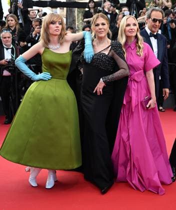 American actresses Maya Hawke, Rita Wilson and Hope Davis attend the premiere of Asteroid City at the 76th Cannes Film Festival at Palais des Festivals in Cannes, France on Tuesday, May 23, 2023.  CAN20230523170 RUNExHELLESTAD