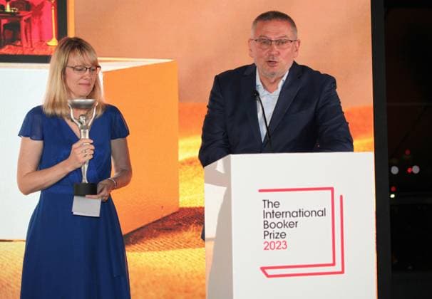 International Booker Prize 2023 London, UK. Bulgarian born writer Georgi Gospodinov wins the International Booker Prize 2023 for his book Time Shelter. He is seen here with Angela Rodel who translated the work into English. Sky Garden. 23rd May 2023. LMK11-SLIVE240523-001 