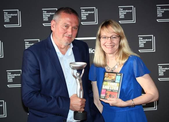 International Booker Prize 2023 London, UK. Bulgarian born writer Georgi Gospodinov wins the International Booker Prize 2023 for his book Time Shelter. He is seen here with Angela Rodel who translated the work into English. Sky Garden. 23rd May 2023. LMK11-SLIVE240523-001 