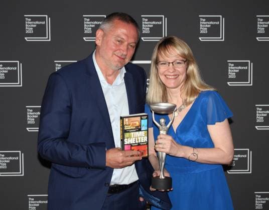 International Booker Prize 2023 London, UK. Bulgarian born writer Georgi Gospodinov wins the International Booker Prize 2023 for his book Time Shelter. He is seen here with Angela Rodel who translated the work into English. Sky Garden. 23rd May 2023. LMK11-SLIVE240523-001 